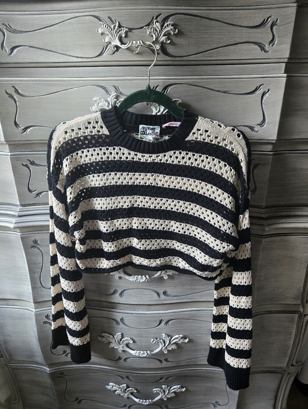 Future Collective Black and Cream Striped Crochet Crop Sweater